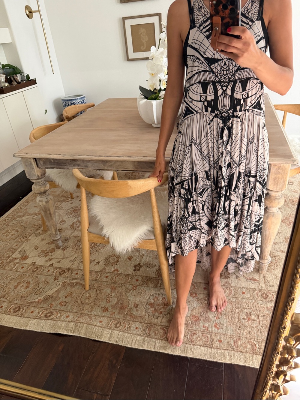 Free People Blush and Black Graphic Print Midi Dress